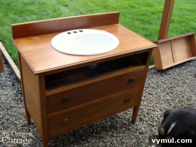 Upcycle a Dresser into a Beautiful Vanity 6 Sink fit into hole on dresser for test fit