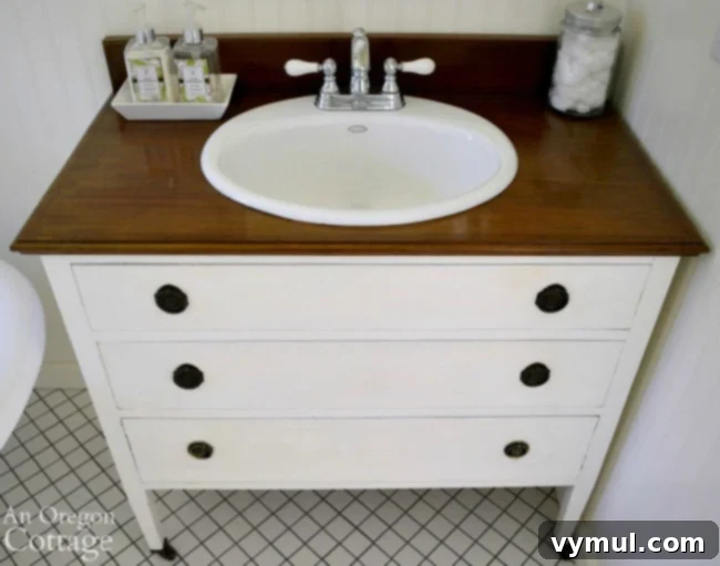 Upcycle a Dresser into a Beautiful Vanity 8 Dresser vanity from above showing sink and faucet