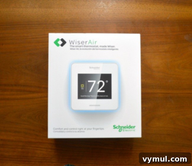 Schneider Electric Wiser Air Wi-Fi Smart Thermostat box showcasing smart home climate control capabilities