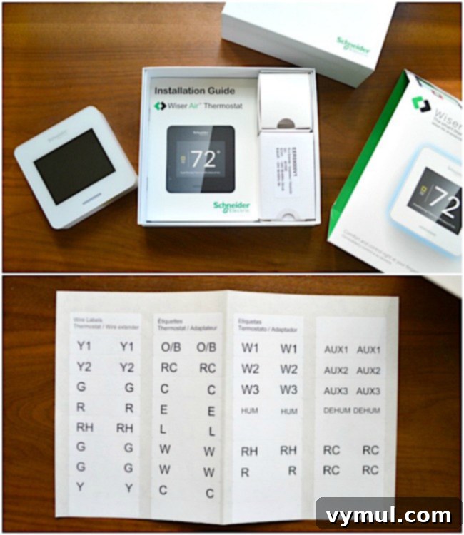 Schneider Electric Wiser Air Wi-Fi Smart Thermostat installation guide and wire labels for easy DIY setup