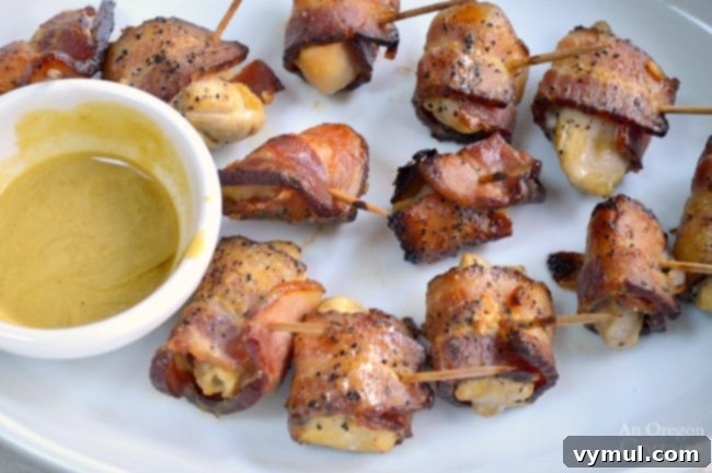 Maple Mustard Glazed Chicken Bacon Bites 3 Maple Mustard Bacon Chicken Bites with maple-mustard sauce