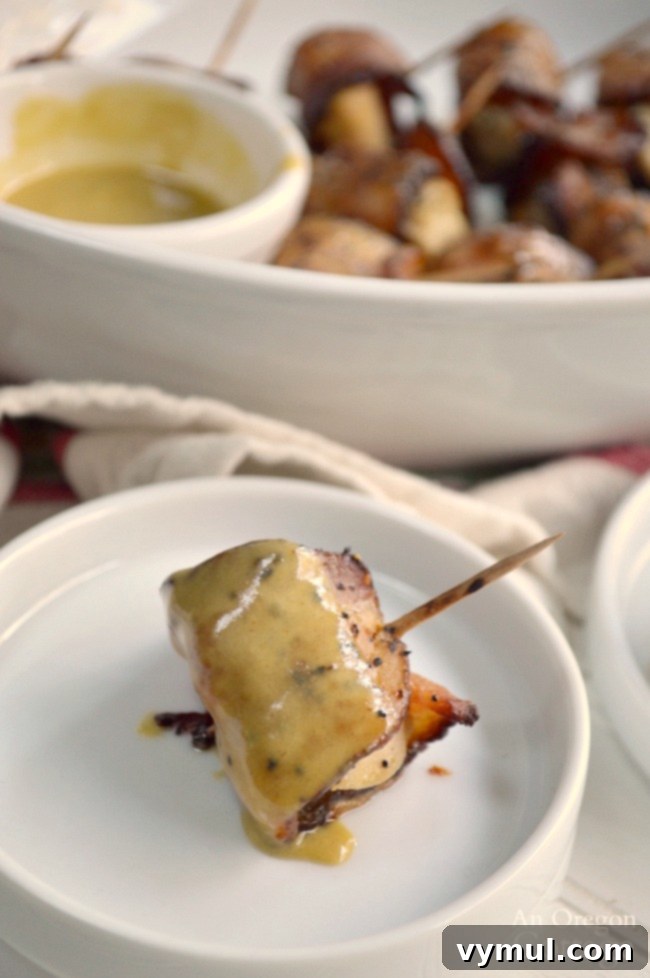 Maple Mustard Glazed Chicken Bacon Bites 4 Maple Mustard Bacon Chicken Bites appetizer with dipping sauce