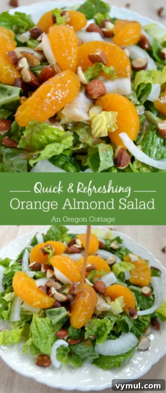 Zesty Orange Almond Salad with Balsamic Vinaigrette 5 Need a quick dinner salad? Orange Almond Salad comes together in minutes, is simple & refreshing with it's easy dressing, but still worthy of serving to guests.