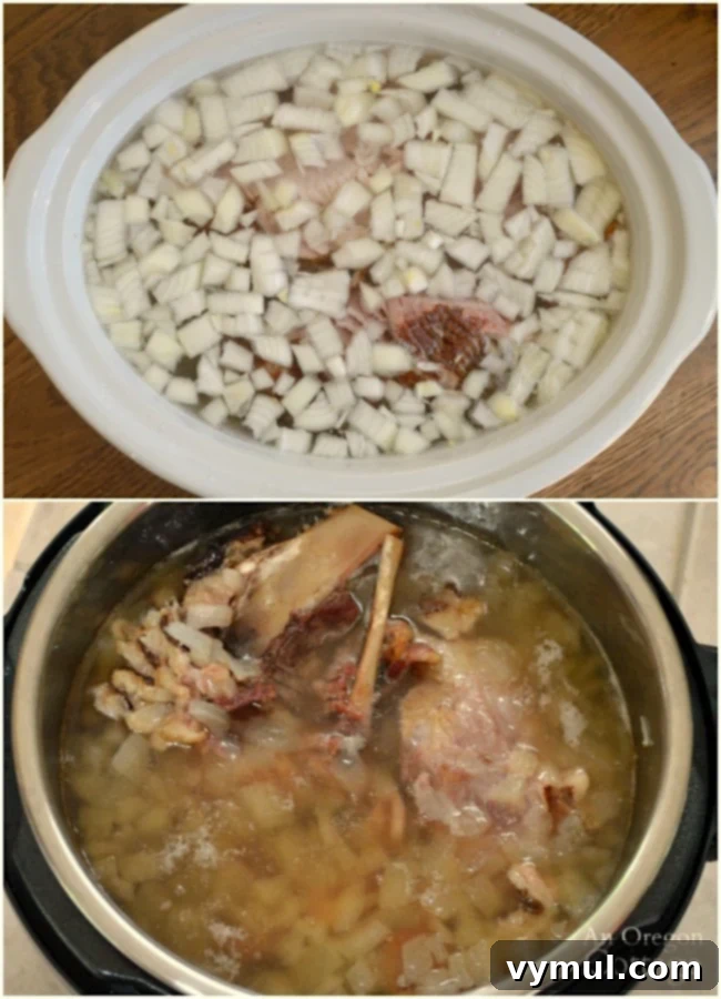 Easy Ham Bone Soup with Beans and Vegetables: Crockpot, Instant Pot, or Stovetop 3 Two different cooking setups for making Vegetable Ham Bone Soup: one in a Crockpot (slow cooker) and another in an Instant Pot (electric pressure cooker), highlighting the recipe's versatility.