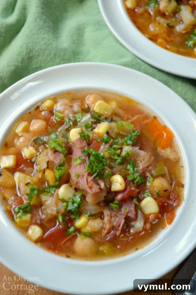 Easy Ham Bone Soup with Beans and Vegetables: Crockpot, Instant Pot, or Stovetop 5 A steaming bowl of Easy Vegetable Ham Bone Soup, garnished with fresh herbs, showcasing its comforting and wholesome appeal. Made in Crockpot or Instant Pot.