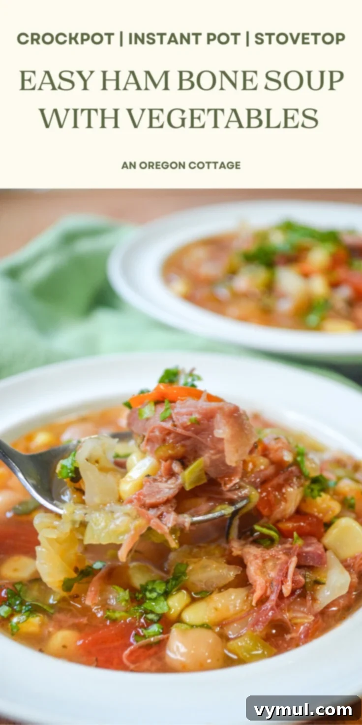 Easy Ham Bone Soup with Beans and Vegetables: Crockpot, Instant Pot, or Stovetop 7 A beautifully styled Pinterest image for a ham bone soup recipe, showcasing a full bowl of the soup with a spoon, highlighting its comforting nature and fresh ingredients.