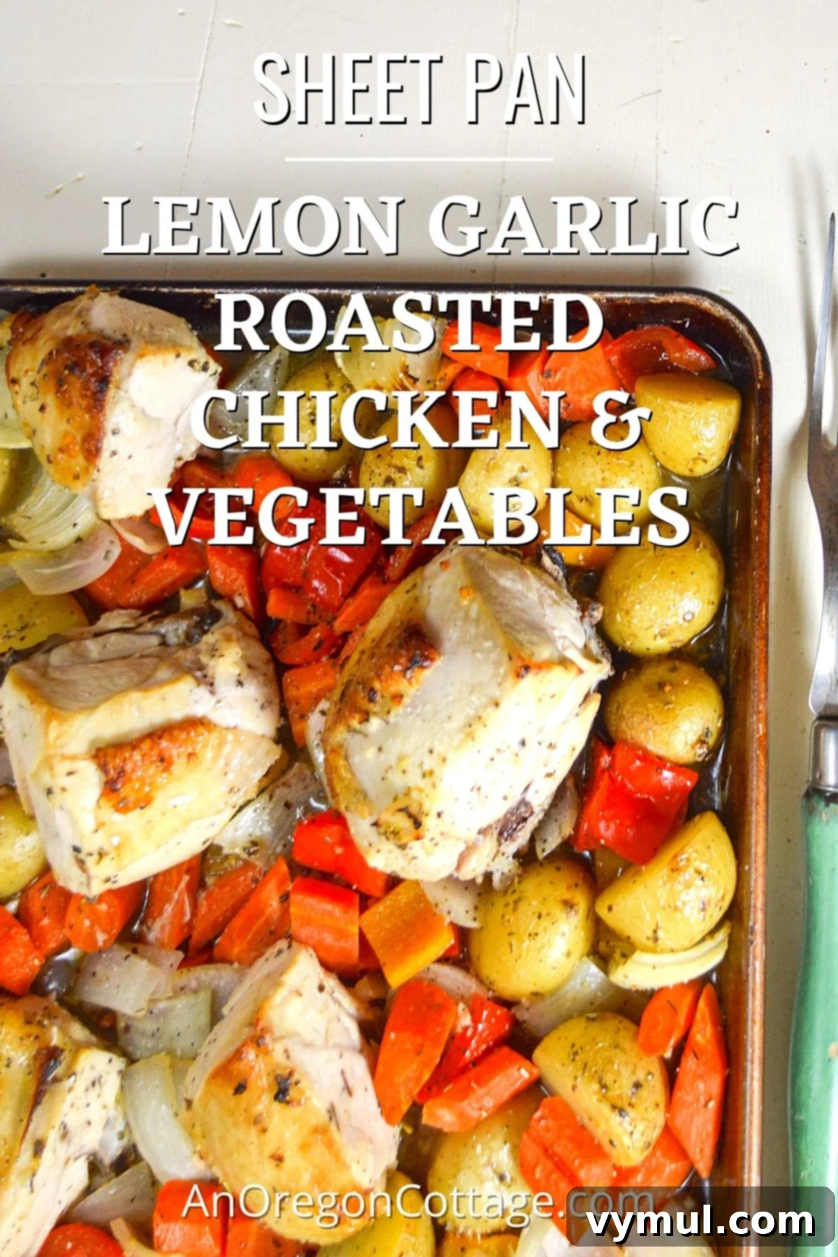 lemon garlic roasted chicken-vegetables in pan above