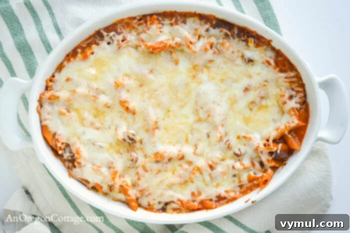 Simple baked pasta dish, cooked and golden brown