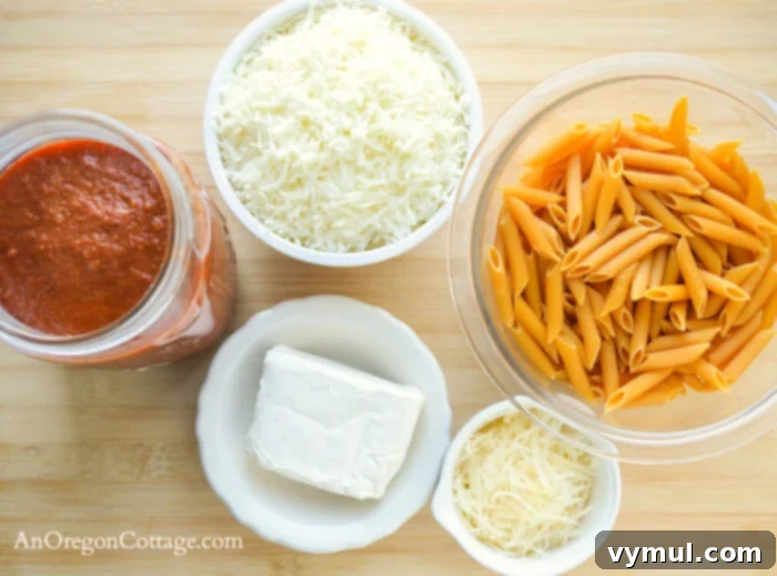 Ingredients for simple baked pasta laid out