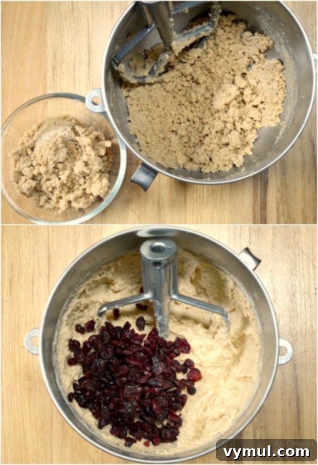 Golden Crumb Cranberry Wonders 4 Process of making Cranberry Crumb Loaves and Muffins, showing dough preparation