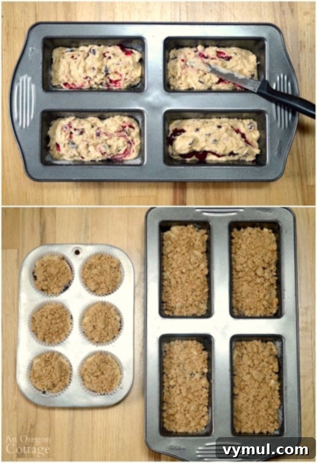Golden Crumb Cranberry Wonders 5 Shaping and topping Cranberry Crumb Loaves and Muffins with crumb topping