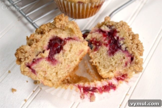 Golden Crumb Cranberry Wonders 7 Close-up of Cranberry Crumb Muffins with a visible cranberry sauce filling
