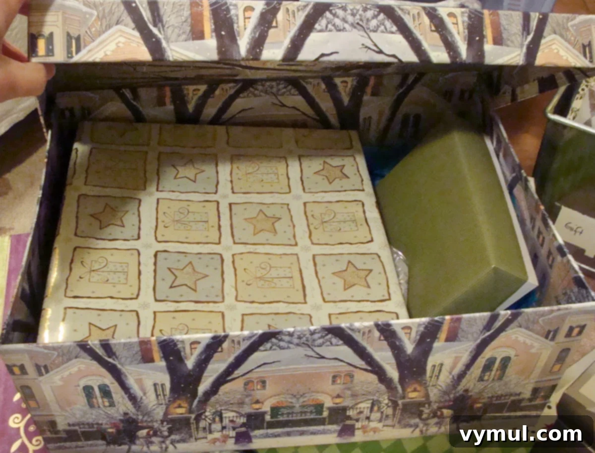 Effortless Christmas Gift Wrapping: Save Time, Save Money, Go Green 6 Smaller wrapped gift boxes neatly stored inside a larger reusable box for compact storage