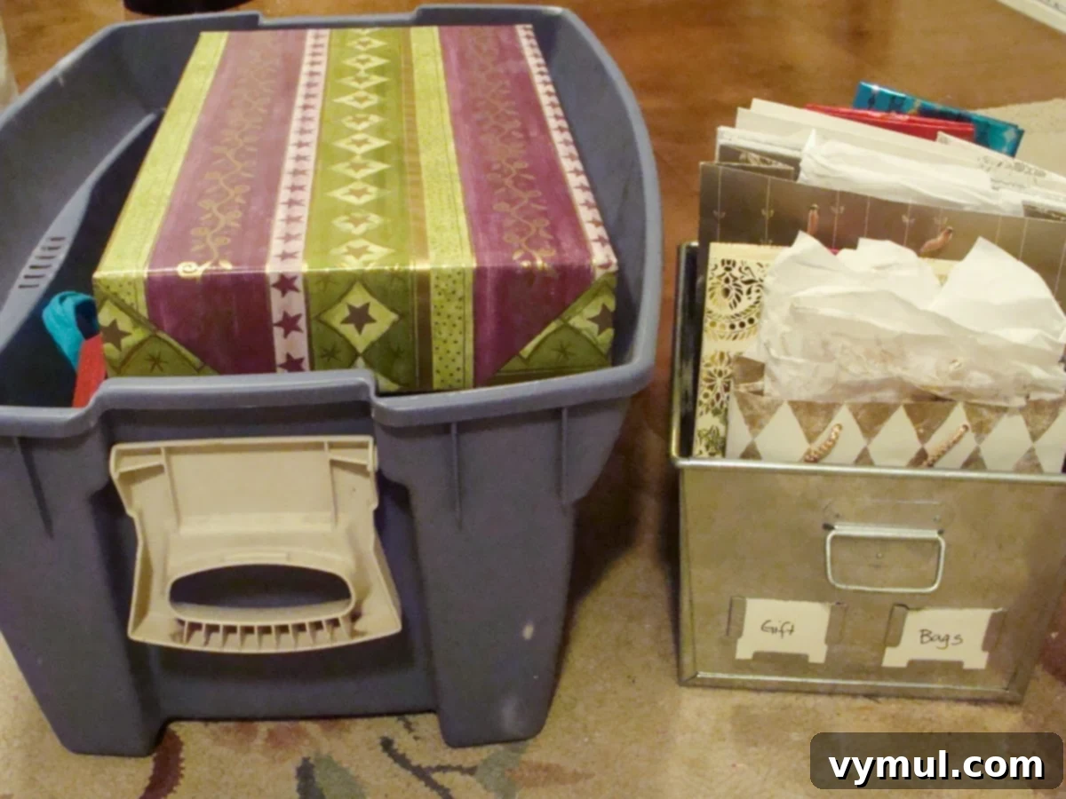 Effortless Christmas Gift Wrapping: Save Time, Save Money, Go Green 8 Large plastic storage bin holding various reusable gift boxes, tissue, and wrapping accessories