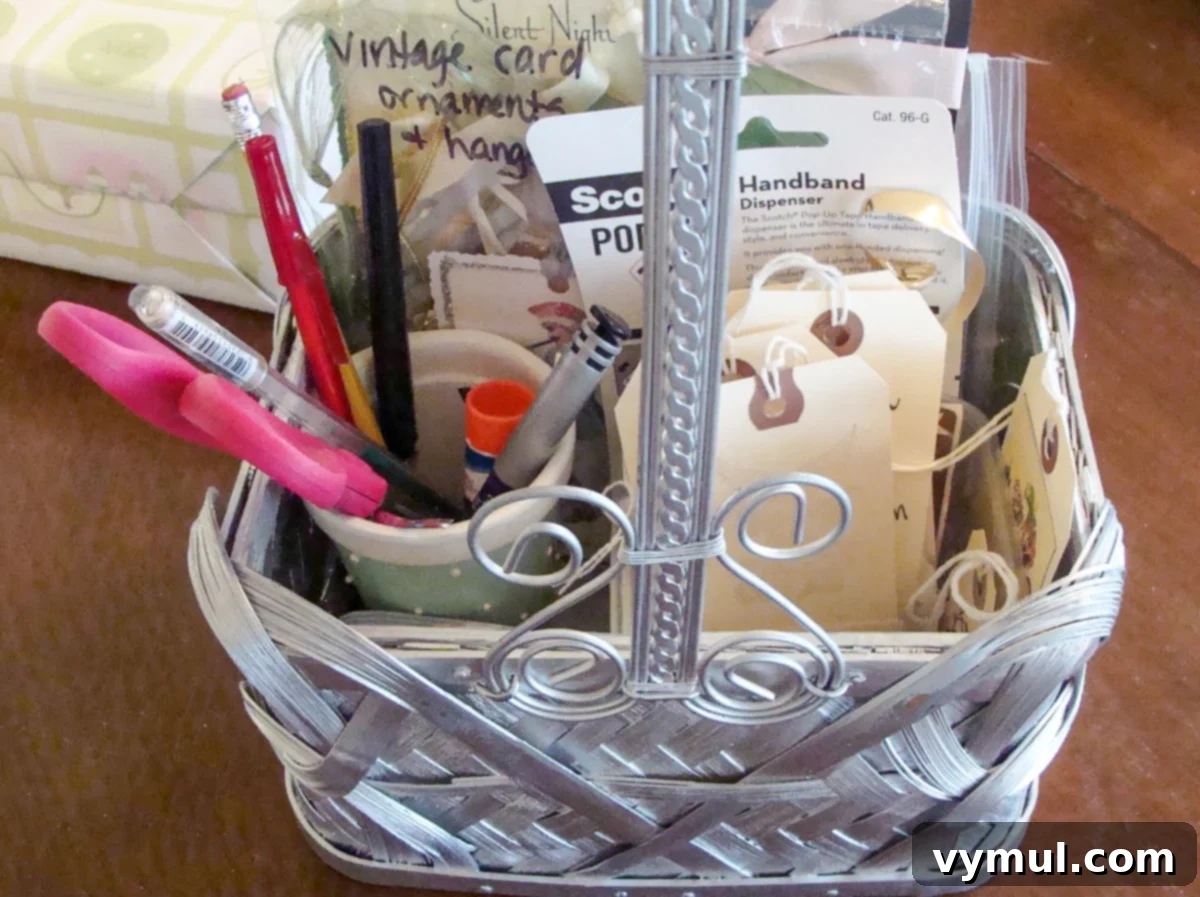 Effortless Christmas Gift Wrapping: Save Time, Save Money, Go Green 9 Basket containing reusable gift tags, pens, stamps, and ink pads for a sustainable wrapping system