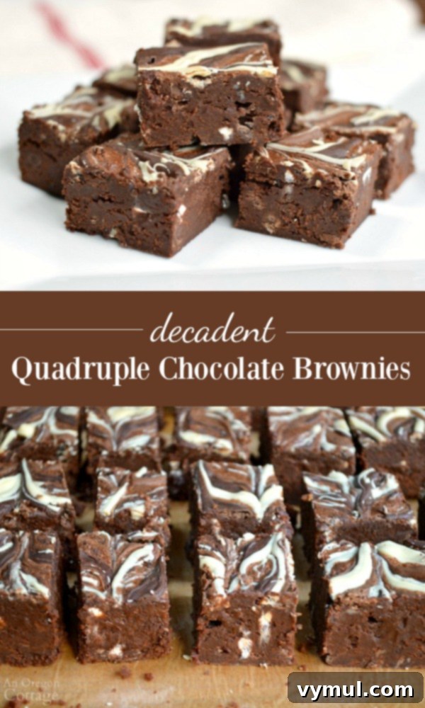 Quadruple Chocolate Brownies-made with milk, white, dark and unsweetened chocolates, this rich, decadent brownie recipe is perfect for special occasions and holiday cookie plates, enticing viewers to pin the recipe.