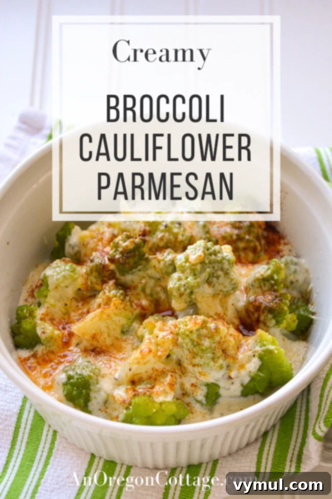 Velvety Broccoli Cauliflower Parmesan Bake 2 Close-up of creamy, bubbly broccoli and cauliflower parmesan fresh from the broiler, topped with golden cheese