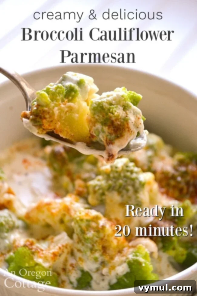 Velvety Broccoli Cauliflower Parmesan Bake 12 Beautifully plated creamy broccoli cauliflower parmesan, ready to be served as a delicious side dish