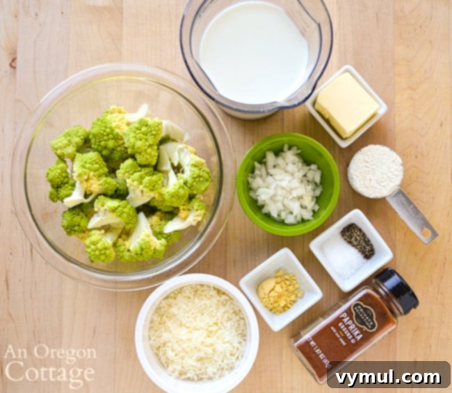 Velvety Broccoli Cauliflower Parmesan Bake 3 Assorted fresh ingredients for broccoli and cauliflower parmesan, including florets, cheese, milk, and spices