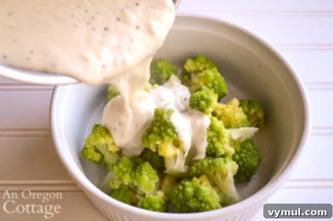 Velvety Broccoli Cauliflower Parmesan Bake 7 Pouring the creamy white Parmesan sauce over steamed broccoli and cauliflower in a shallow dish