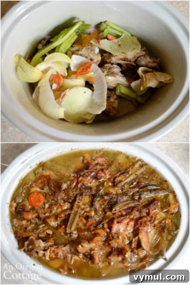 Process of making rich, homemade turkey bone broth for turkey noodle soup.