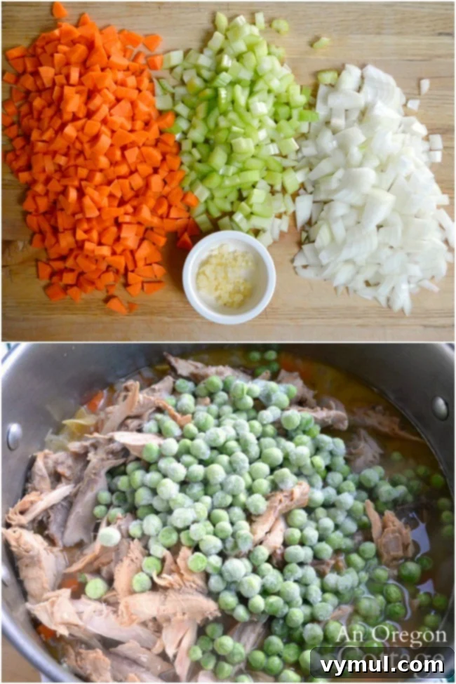 Preparing the final turkey noodle soup by adding vegetables and noodles to the rich homemade broth.