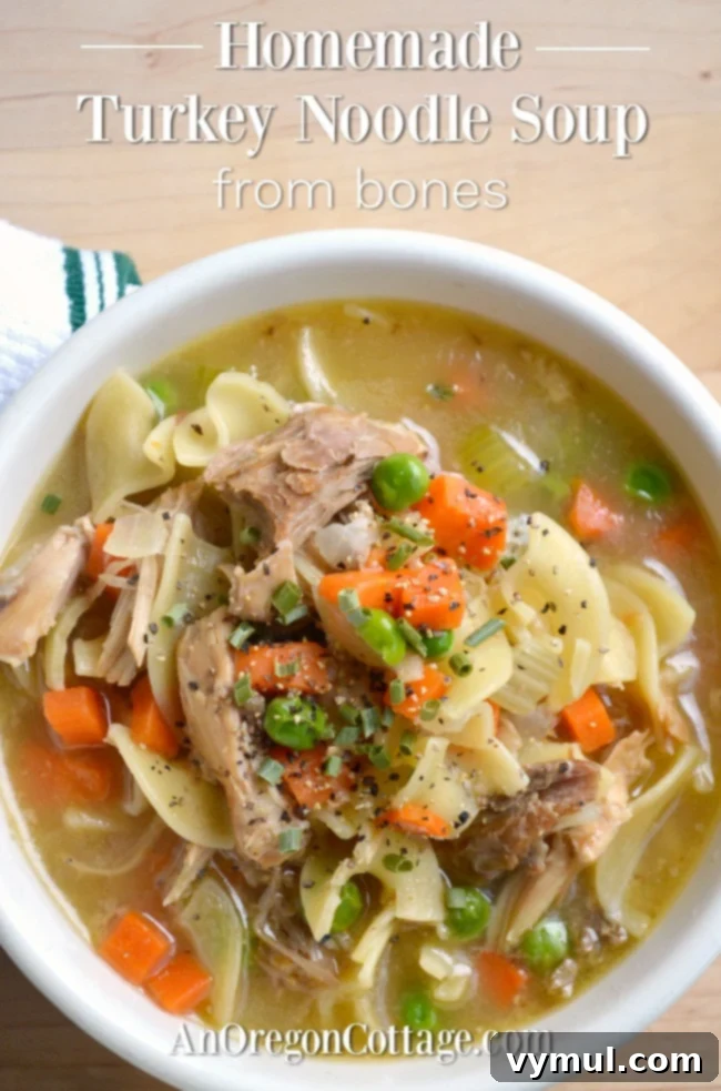 Beautiful bowl of Homemade Turkey Noodle Soup from bones, a delicious way to use leftovers.