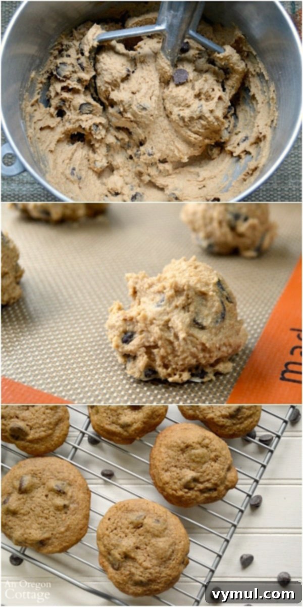 Step-by-step process of making mocha chip cookies, showing dough and baking.