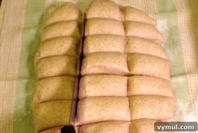 Pillowy Soft 100% Whole Wheat Dinner Rolls 11 Whole wheat dinner roll dough flattened and being cut into 24 pieces with a knife.