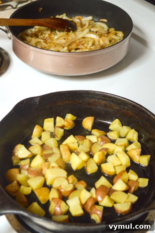 Sweet and Savory Potato and Caramelized Onion Frittata 5 cooking potatoes and onions