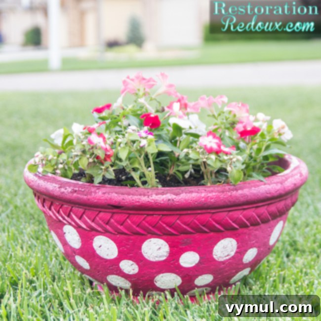 Sun-Kissed Planters: Vibrant Color Ideas 12 Polka-dot ceramic pot filled with petunias and impatiens from Restoration Redoux