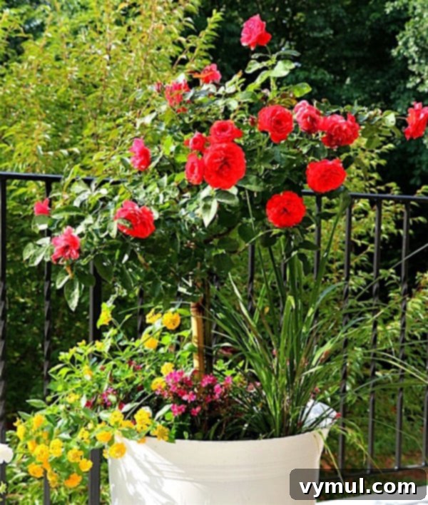 Sun-Kissed Planters: Vibrant Color Ideas 15 Knockout rose tree container with yellow verbena, magenta lobelia, and purple fountain grass from Duke Manor Farm