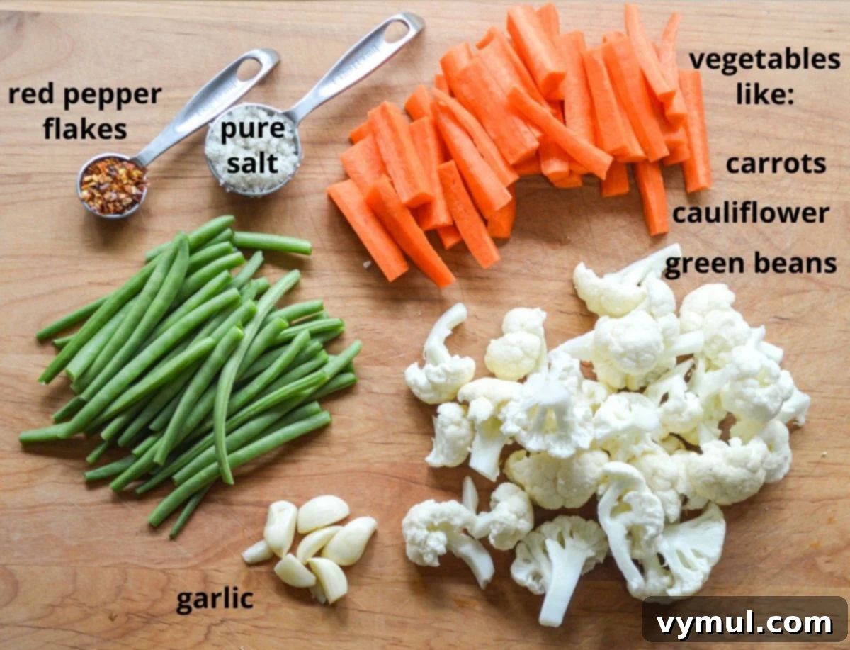 fermented vegetables ingredients on wood board