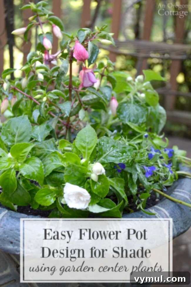 Flower pot overflowing with vibrant shade-loving plants, perfect for a container garden design.