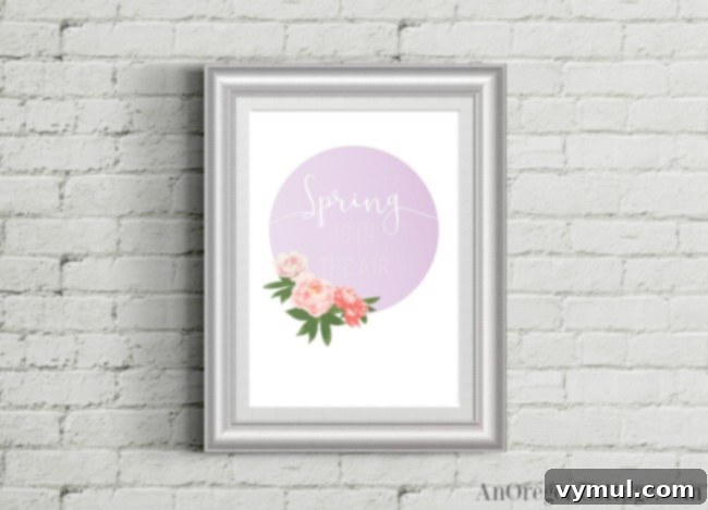 Close-up of the free floral spring printable featuring a purple circle and elegant rose illustrations.