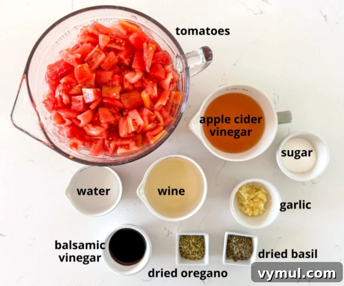 Easy Canned Tomato Bruschetta Summer Captured 3 tomato bruschetta recipe ingredients labeled on white background