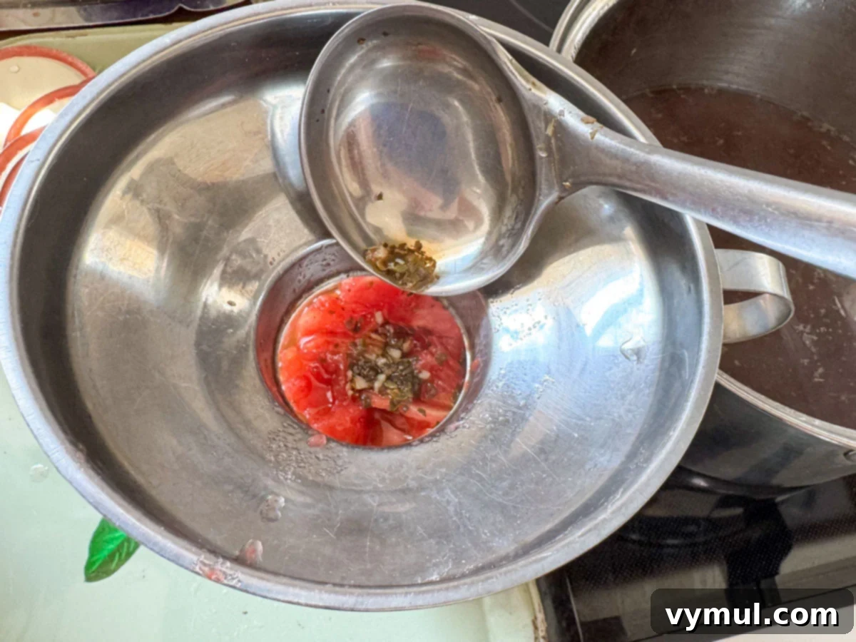 Easy Canned Tomato Bruschetta Summer Captured 6 adding brine to jar of tomatoes