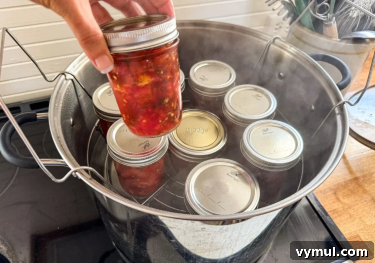 Easy Canned Tomato Bruschetta Summer Captured 9 adding filled jars to canner