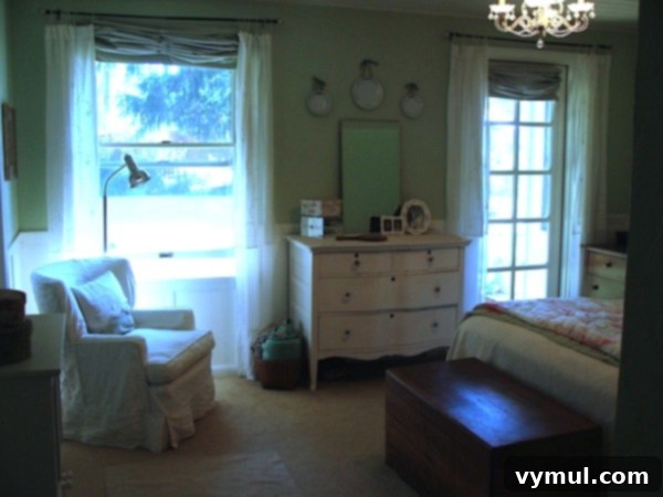Series Three: Reimagining Our Restful Retreats 9 Remodeled master bedroom with sage green walls and chandelier - An Oregon Cottage