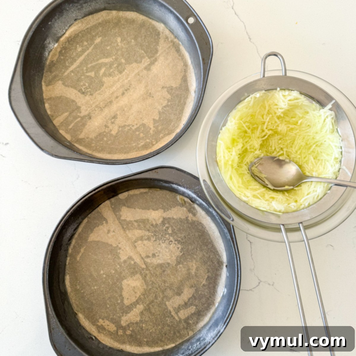 Decadent Moist Zucchini Cake with Toasted Caramel Nut Frosting 7 prepping pans and zucchini for cake