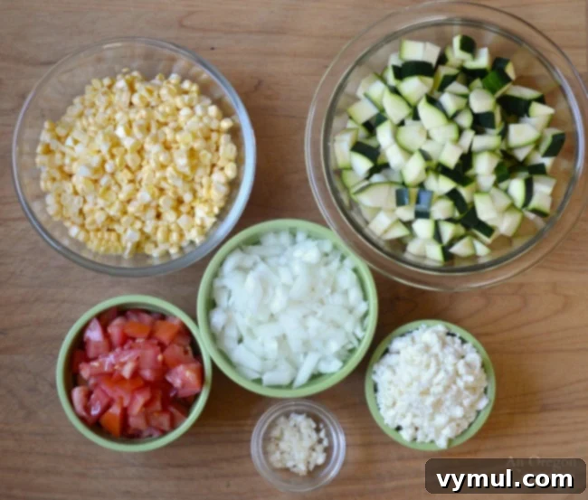 Sunny Zucchini, Corn, and Tomato Skillet with Feta 5 Zucchini Corn and Tomato Saute ingredients prepped and ready for cooking