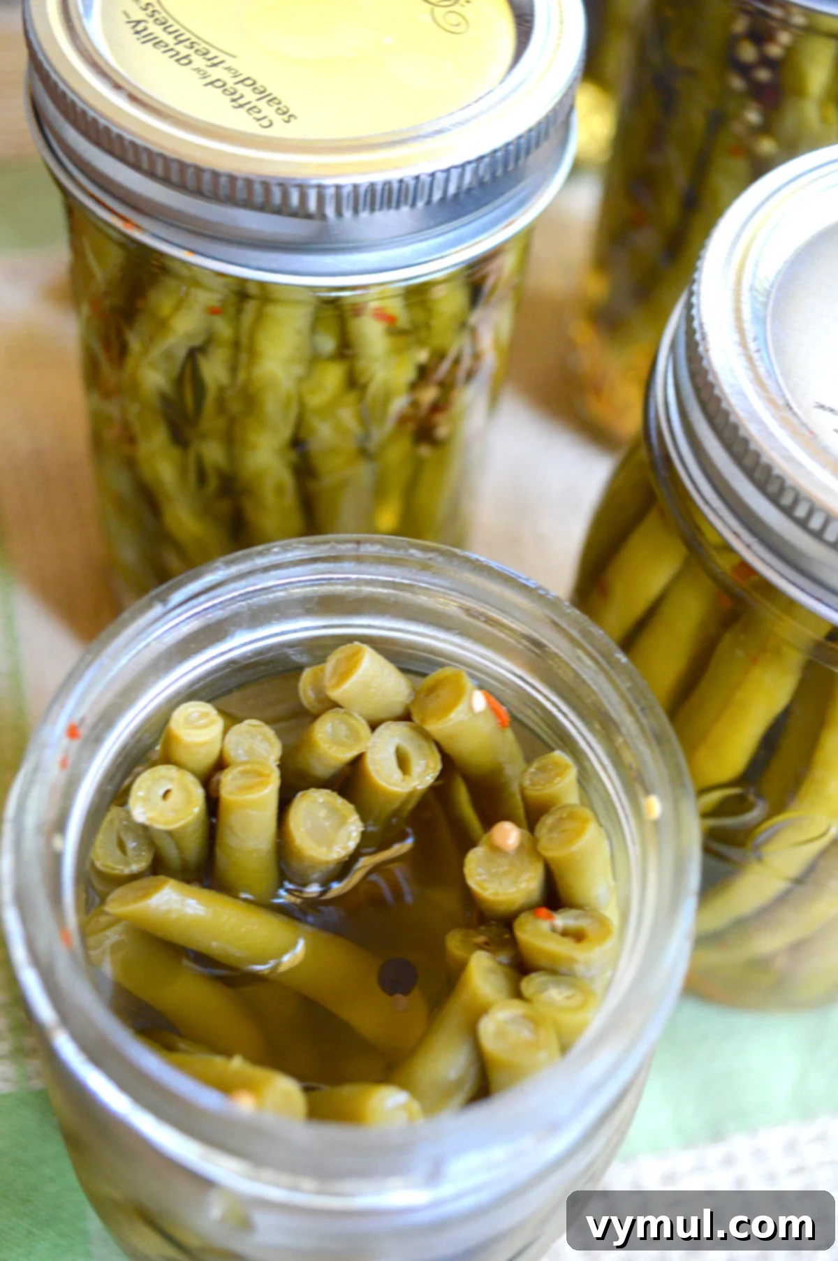 canned pickled beans in jars above with one jar open