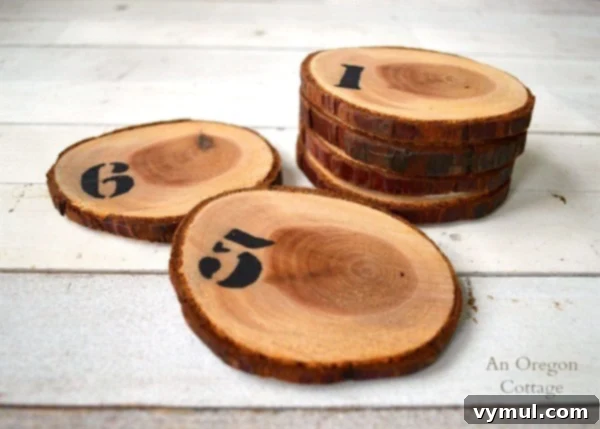 15 Easy and Beautiful Handmade Garden Gifts 5 Tree branch numbered wood slice coasters