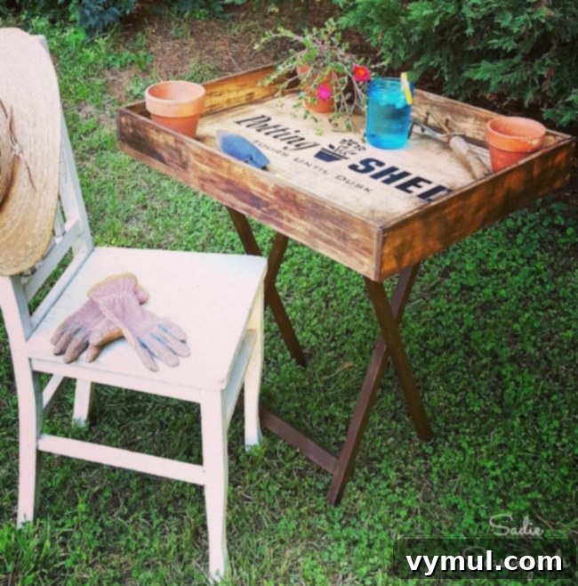 15 Easy and Beautiful Handmade Garden Gifts 8 DIY Portable Potting Table from salvaged items at Sadie Seasongoods