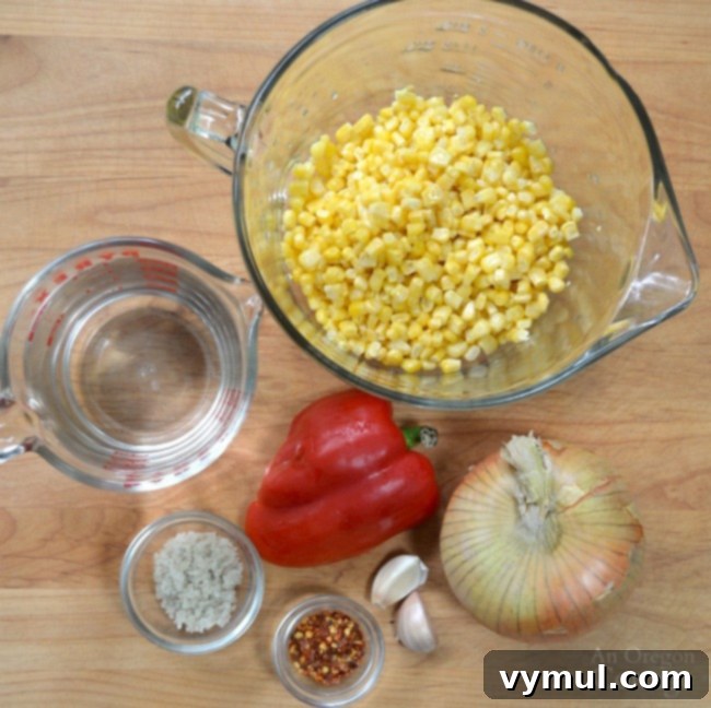 Easy 5-Minute Fermented Corn Relish Magic 4 Ingredients for Easy Fermented Corn Relish laid out on a table