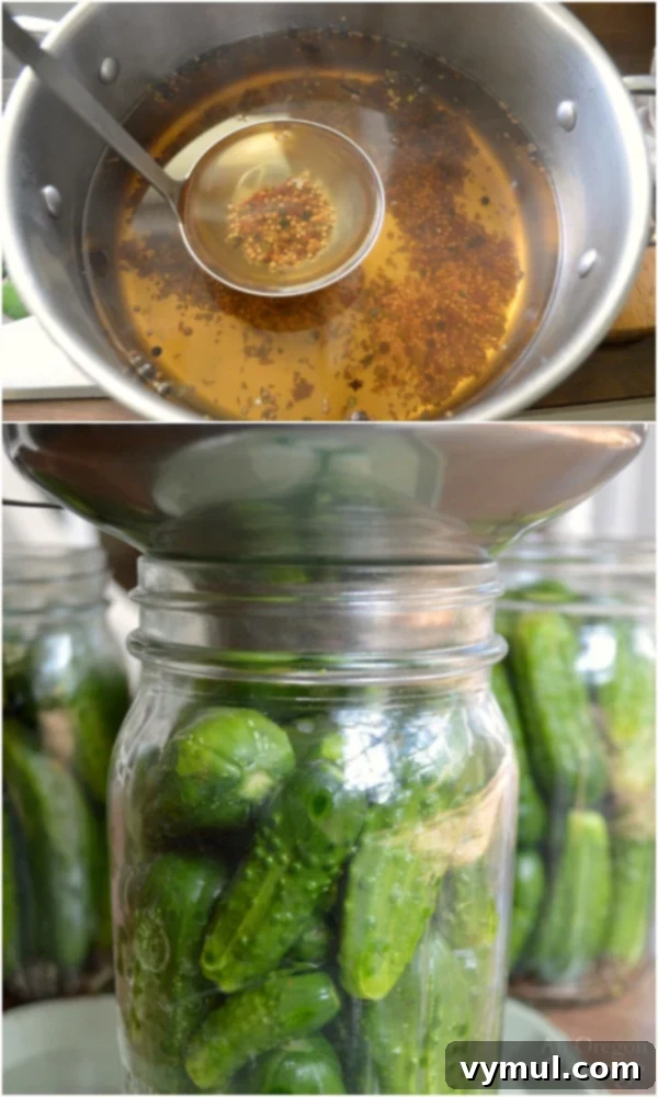 Quick Refrigerator Garlic Dill Pickles-adding pickling brine