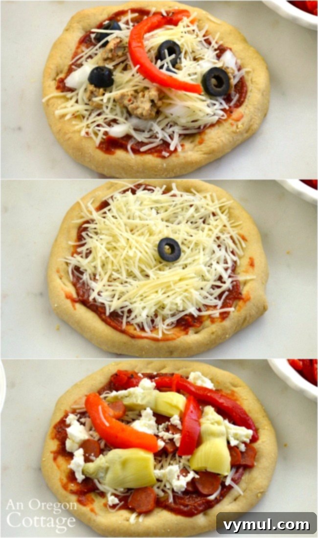 Three different individual homemade pizzas showing unique topping combinations