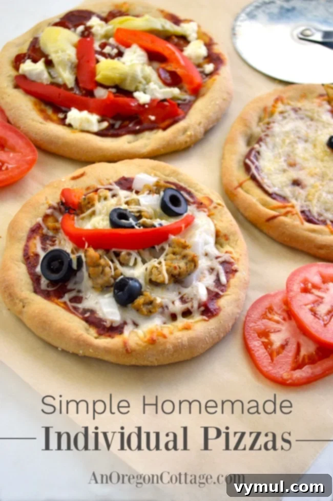 Close-up of three different individual homemade pizzas, garnished and ready to serve