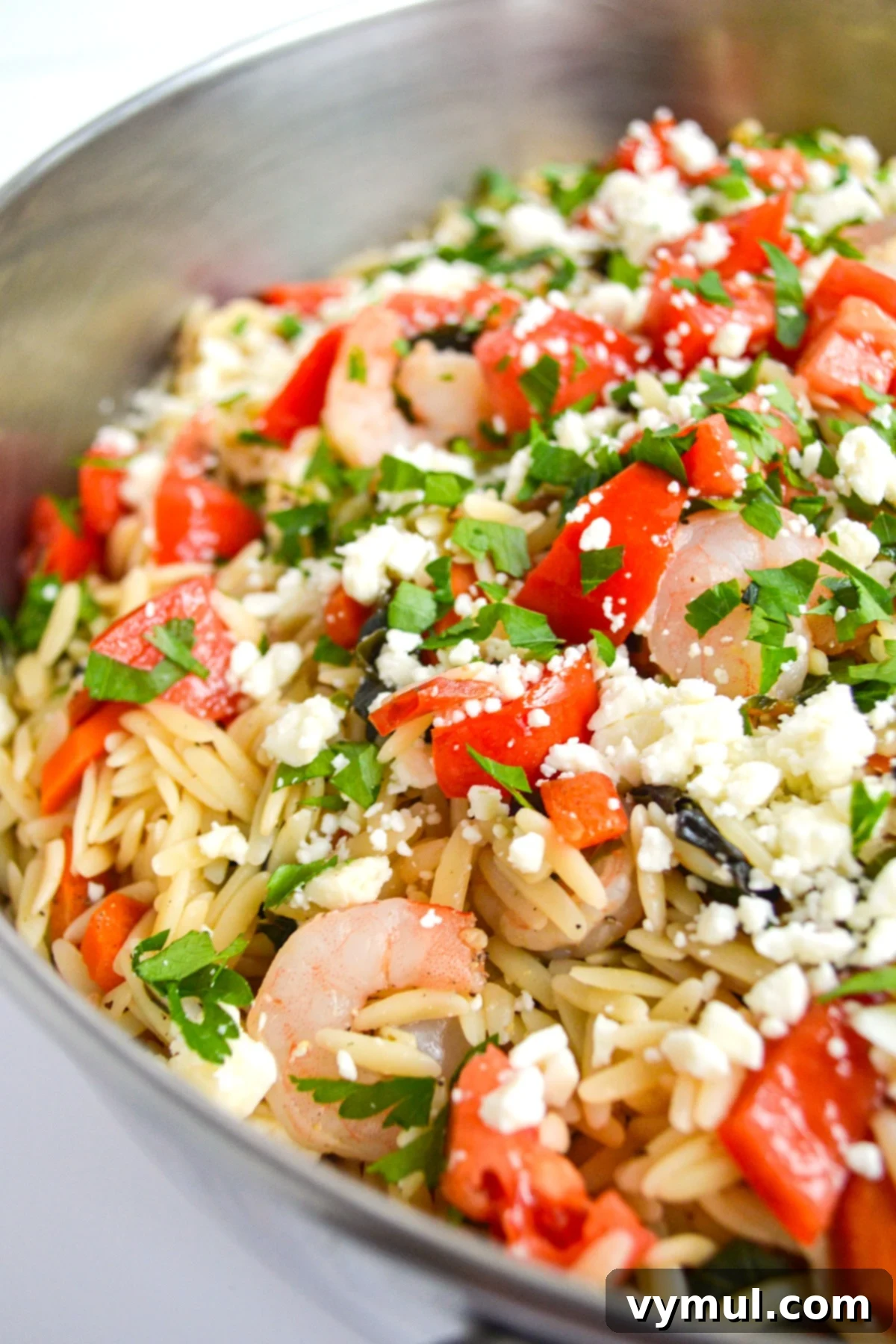 Close-up of a vibrant shrimp orzo, feta, and vegetable dish in a rustic skillet, showcasing Mediterranean flavors and fresh ingredients.