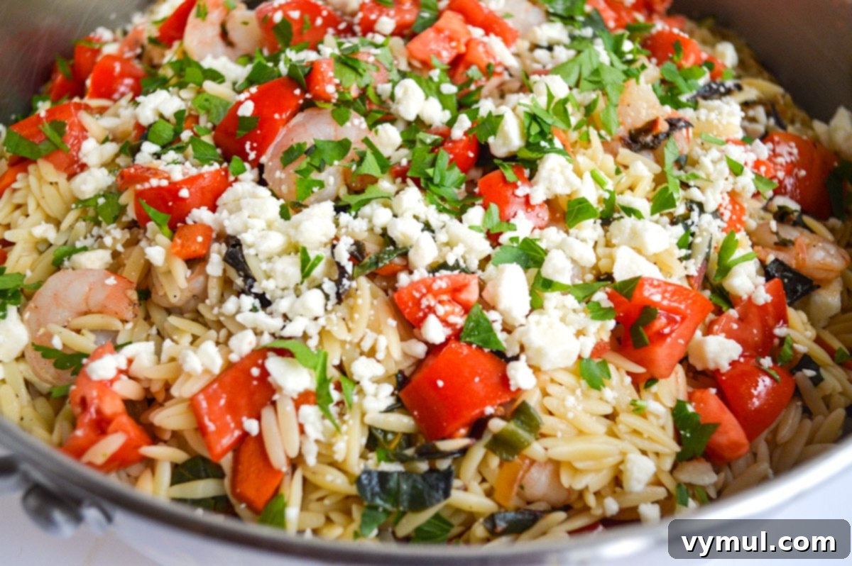 Delicious finished shrimp orzo with vegetables, perfectly cooked and ready to serve, presented in a large skillet.